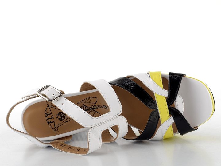 Fly London sandály na podpatku white/black/lemon P145455002