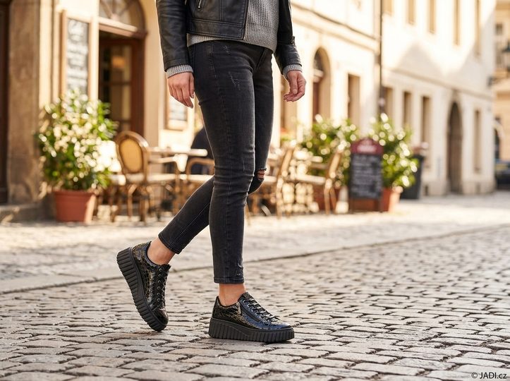Rieker Sport tenisky na platforme lakované čierne N2555-02