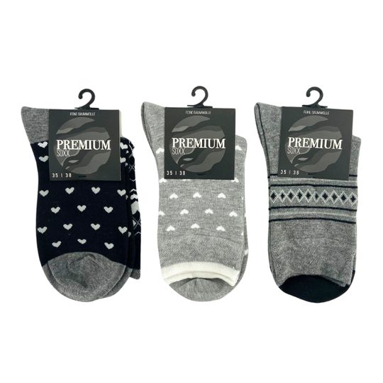Dámské ponožky s jemným lemem 3 páry černá/šedá/srdíčka mix
