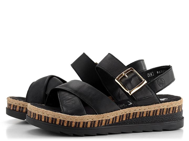 Rieker čierne sandále na platforme s klinom V7951-00