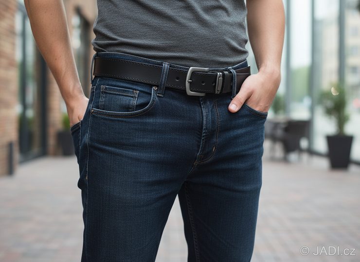 Černý kožený opasek se štepem 38 mm Jeans 09/1