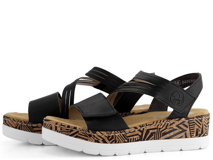 Rieker sandály na platformě s klínem černé/potisk V3964-01