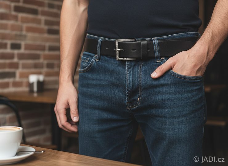 Černý kožený opasek s dezénovanou sponou 32 mm