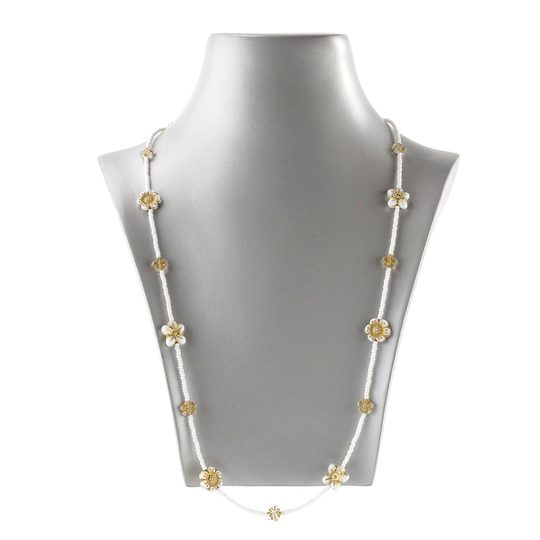 Náhrdelník ze skleněných kamenů a rokajlů bílé květy/pokov