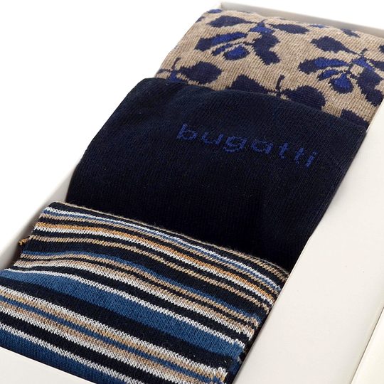 Bugatti ponožky v krabičce modré/béžové vzorované 3pack/box 6394X