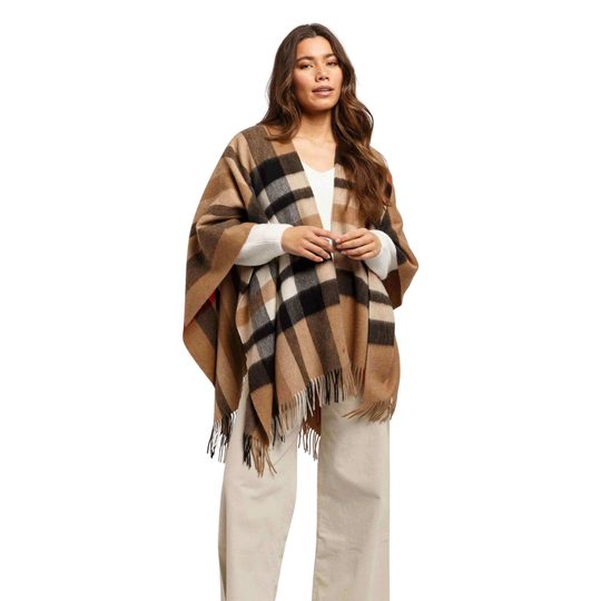Fraas vlněné pončo s károvaným vzorem camel 680100-180