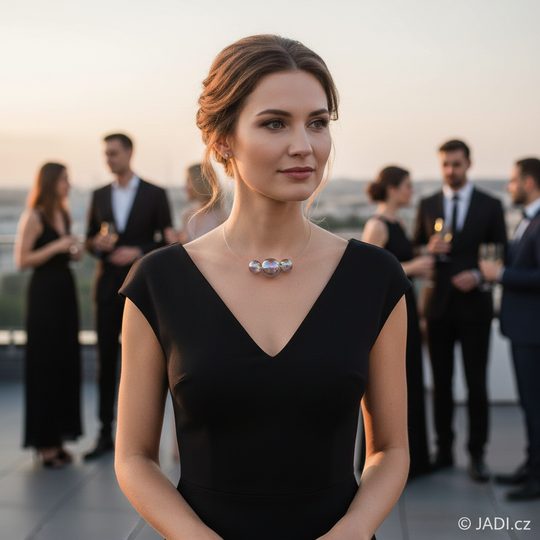 Náhrdelník/struna se třemi skleněnými bublinami kouřová+duhový pokov