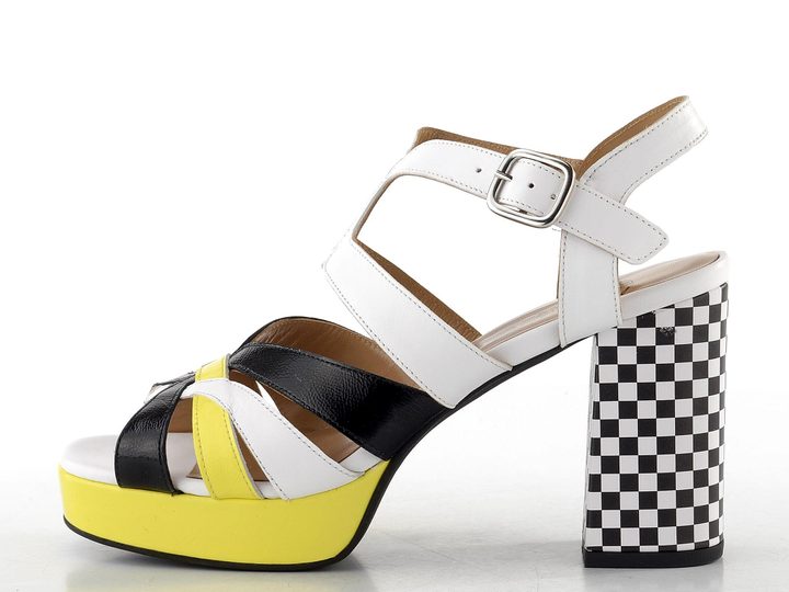 Fly London sandály na podpatku white/black/lemon P145455002