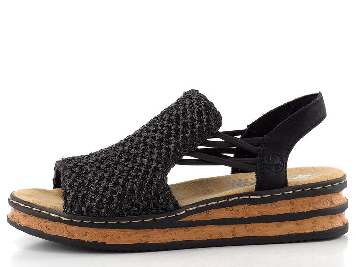 Rieker sandály na klínu se širokým nártem a gumičkami černé 62941-00