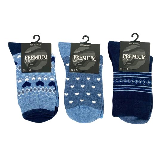 Dámské ponožky s jemným lemem 3 páry modrá/srdíčka mix