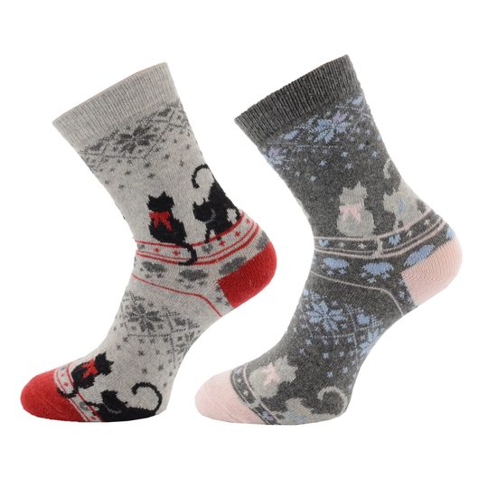 Dámske zimné ponožky  s vlnou 2 páry šedé/červené s mačkou
