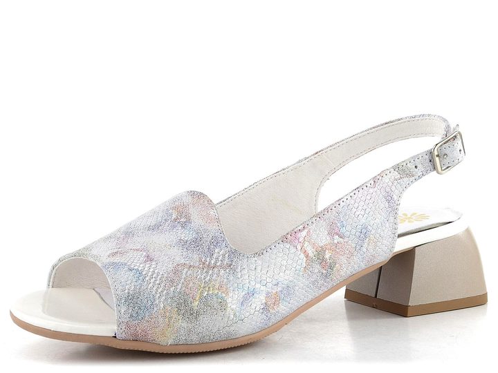 Barton metalické sandály na podpatku šedé/barevný vzor 25141