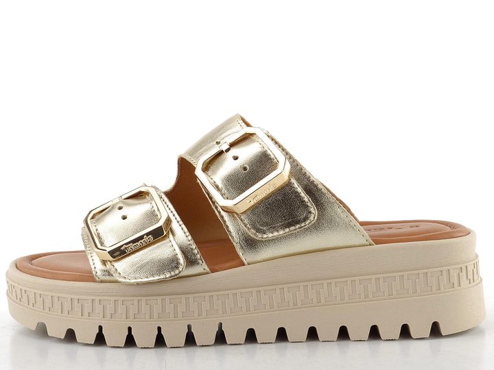 Tamaris kožené pantofle na vysoké platformě light gold 1-27202-44