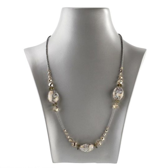 Náhrdelník ze skleněných kamenů a rokajlů mramorovaný šedý/pokov