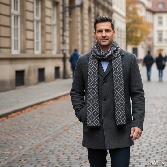 Bugatti oboustranný pánský šál s geometrickým vzorem tmavě šedý 630328-980