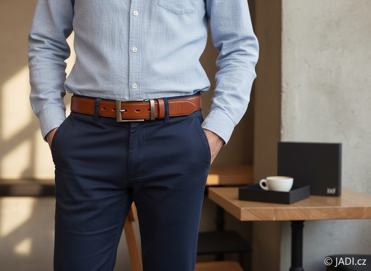 Kožený opasek cognac se stříbrnou sponou 32 mm