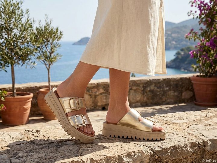 Tamaris kožené šľapky na vysokej platforme light gold 1-27202-44