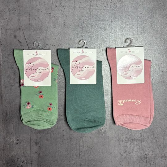 Dámské bavlněné ponožky s květinkami 3 páry zelená/růžová 34325