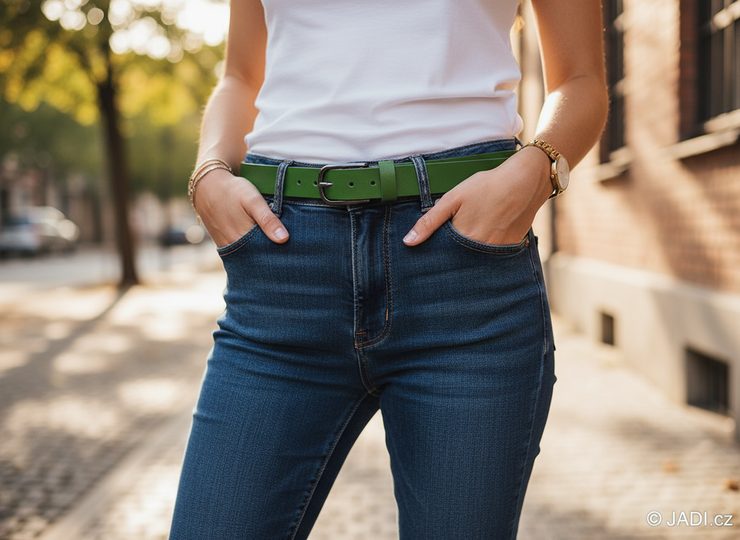 Dámský kožený opasek zelený se sponou v šedé barvě 203-31