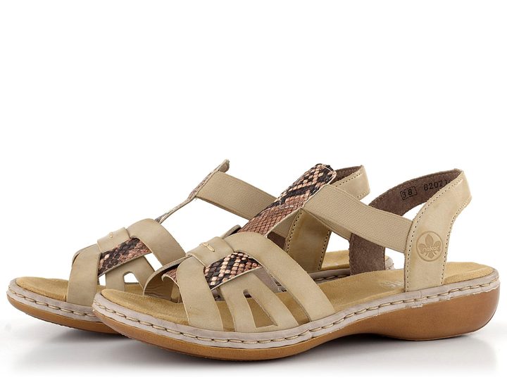 Rieker sandále s prepletanými pásikmi béžové s hadím vzorom 65918-63