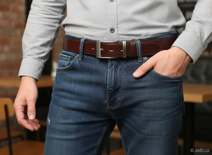 Tmavě hnědý kožený opasek s matovanou sponou 32 mm