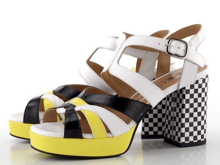 Fly London sandály na podpatku white/black/lemon P145455002