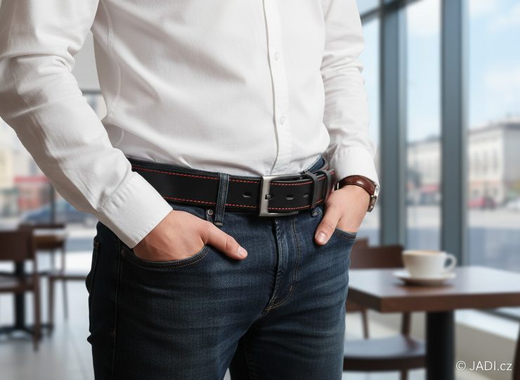 Černý kožený opasek s červeným štepem 32 mm