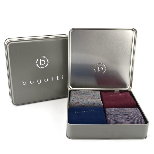 Bugatti vzorečkové ponožky modré/červené/šedé 4pack/box 6982X