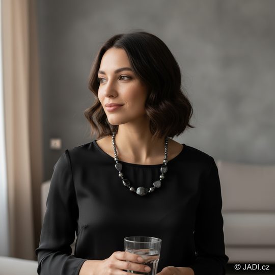 Náhrdelník ze skleněných kamenů tmavě šedý hematit