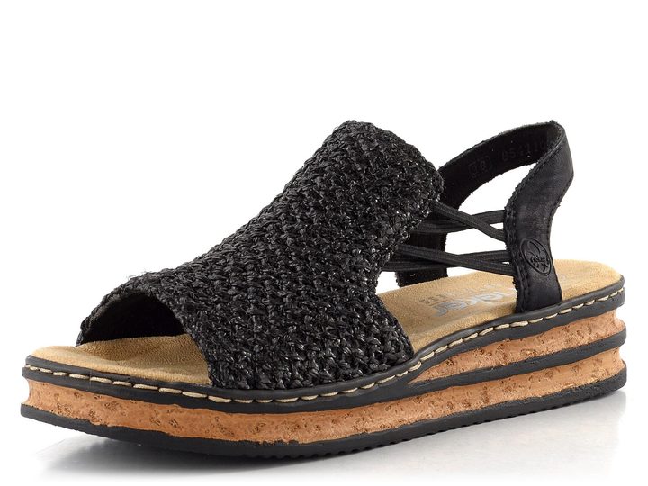 Rieker sandály na klínu se širokým nártem a gumičkami černé 62941-00