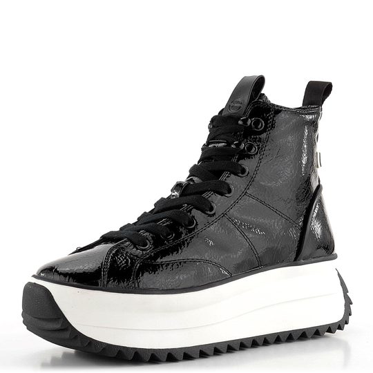 Tamaris šněrovací kotník na vysoké platformě Black Patent 1-25291-43