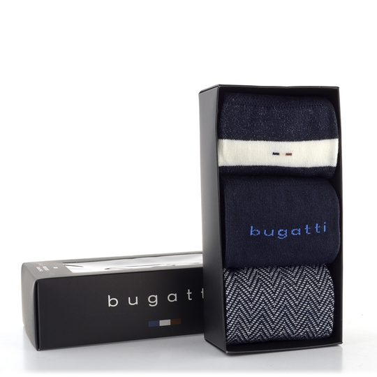 Bugatti hladké ponožky jednobarevné a vzorované navy 3pack/box 6149X
