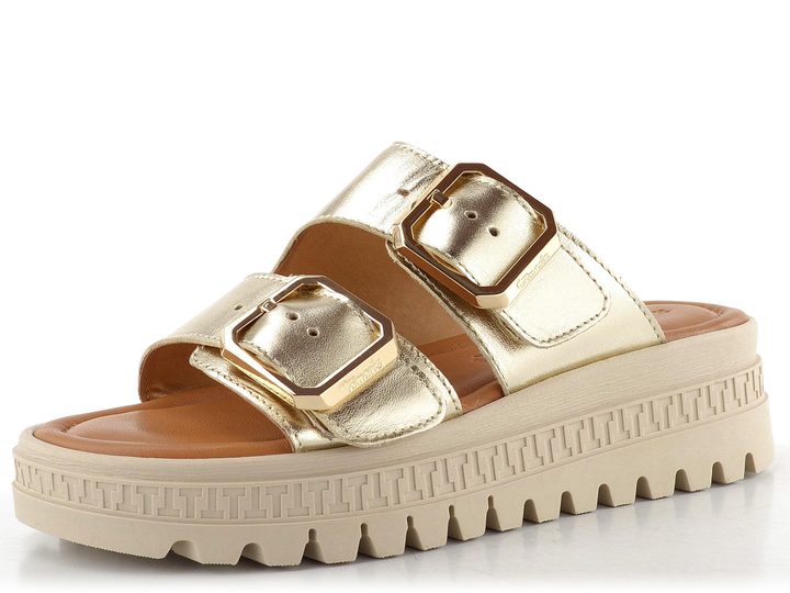 Tamaris kožené pantofle na vysoké platformě light gold 1-27202-44