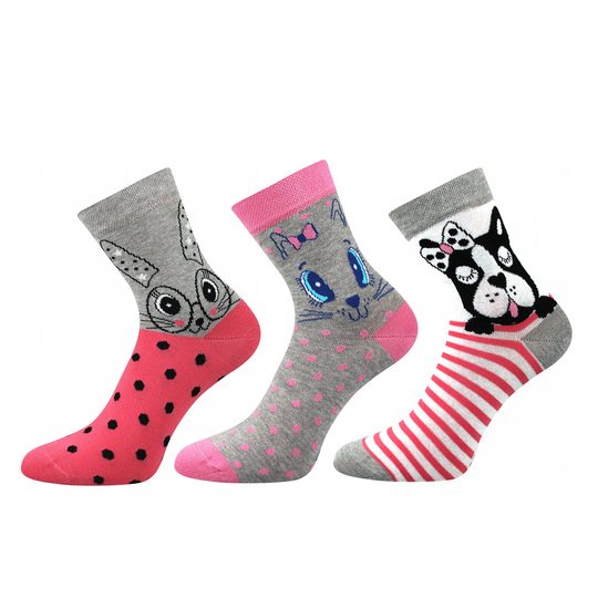 Komfortní ponožky barevné s obrázky růžová/šedá 3 páry