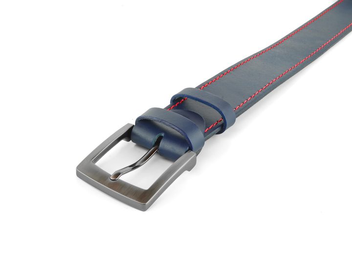 Modrý kožený opasok s červeným štepom 38 mm