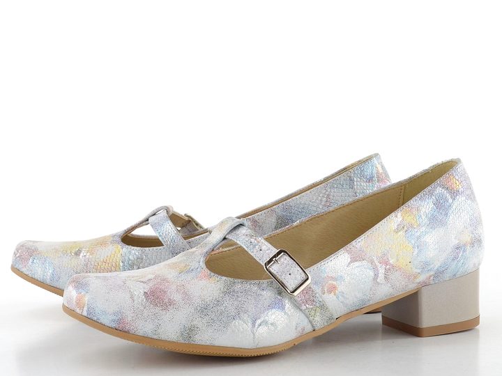 Barton metalické lodičky s nártovým páskem šedé/barevný vzor 2593