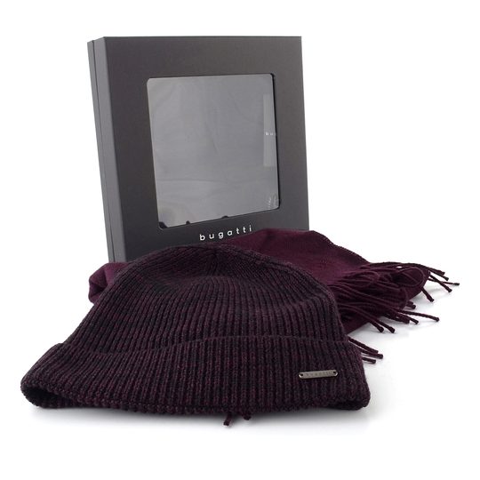 Bugatti dárková sada vlněné čepice a šály v krabičce vínová 630214-390
