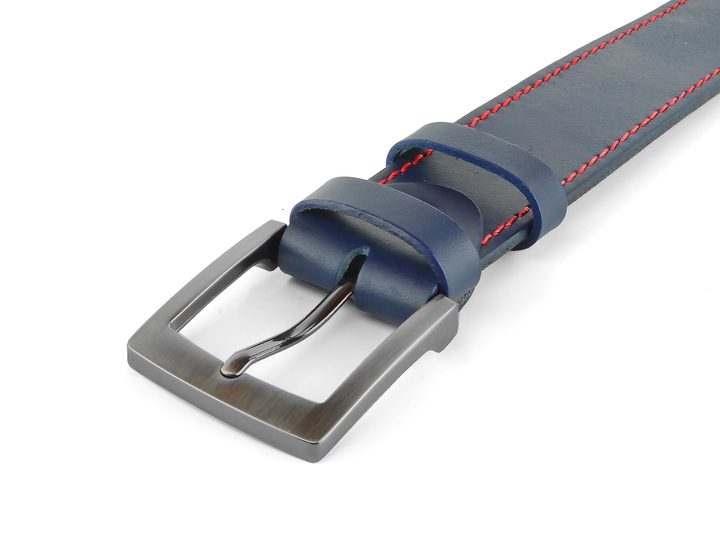 Modrý kožený opasok s červeným štepom 38 mm