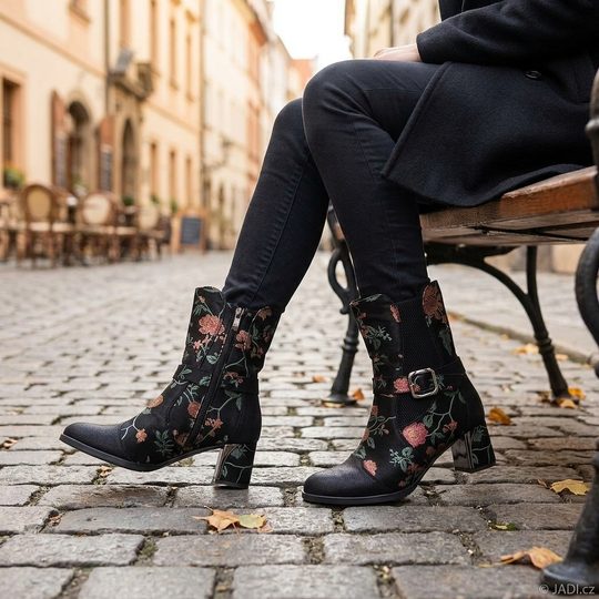 Barton elegantní kotník na podpatku černý s květinovým potiskem 2670