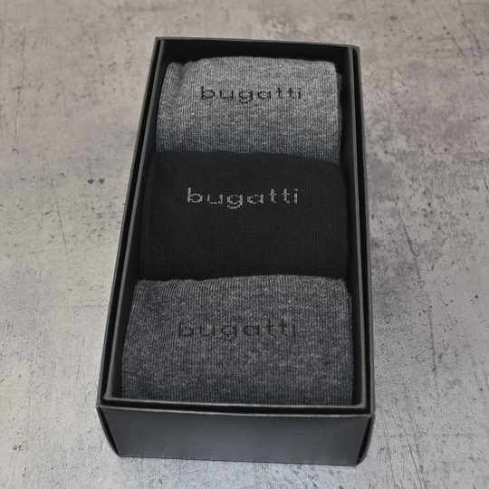 Bugatti hladké ponožky černé+antracitové 3pack/box 6803X