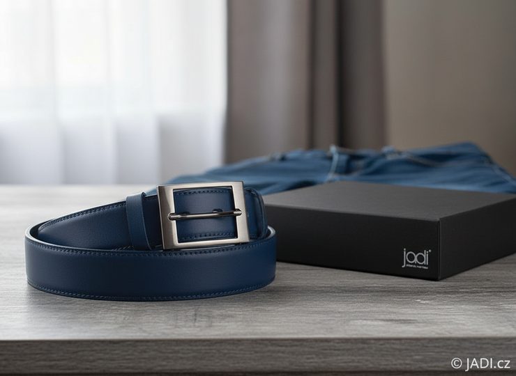 Kožený opasek modrý s leštěnou sponou 32 mm