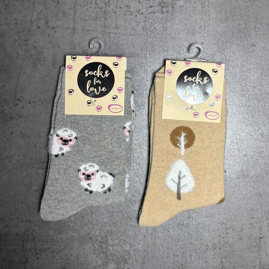 Dámské teplé ponožky s obrázky šedé/ovečka, béžové/lísteček  2 páry 37714