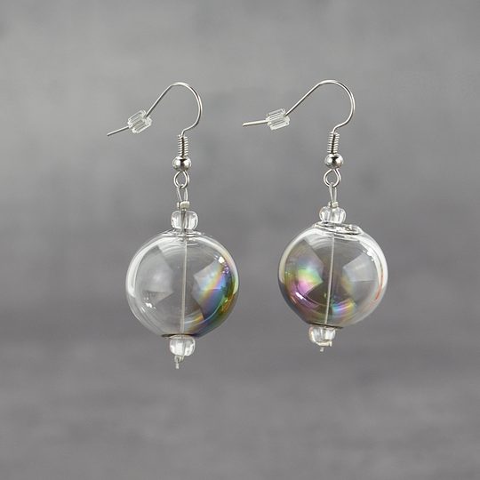 Náušnice visiaca/sklenená bublina dymová+dúhový pokov