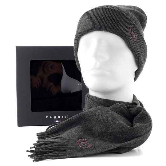 Bugatti dárková sada pletené čepice a šály v krabičce tmavě šedá 630211-981
