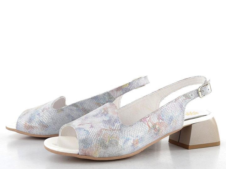 Barton metalické sandály na podpatku šedé/barevný vzor 25141