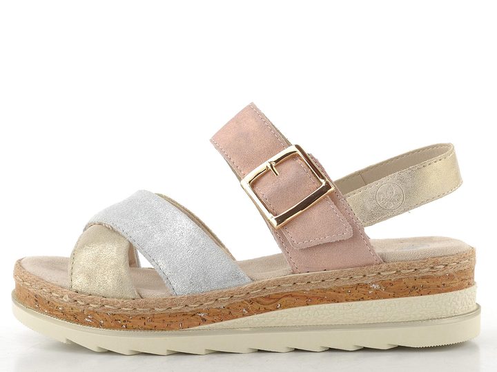 Rieker sandály na platformě s klínkem nude/silver/rosa/muschel  V7951-90