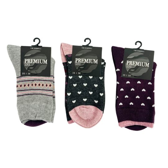 Dámské ponožky s jemným lemem 3 páry vínová/šedá/srdíčka mix