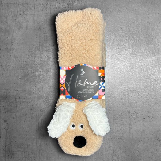 Domácí teplé ponožky uni béžový pejsek 71899