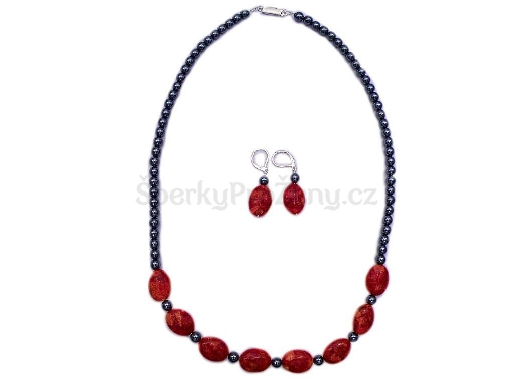 Souprava Korál červený a Hematit - náušnice a náhrdelník - Šperky pro ženy