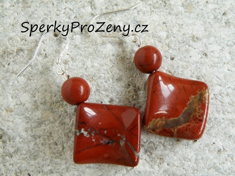 Náušnice Jaspis červený čtvereček a kulička Ag 925 - naušnice s červeným  jaspisem - Šperky pro ženy